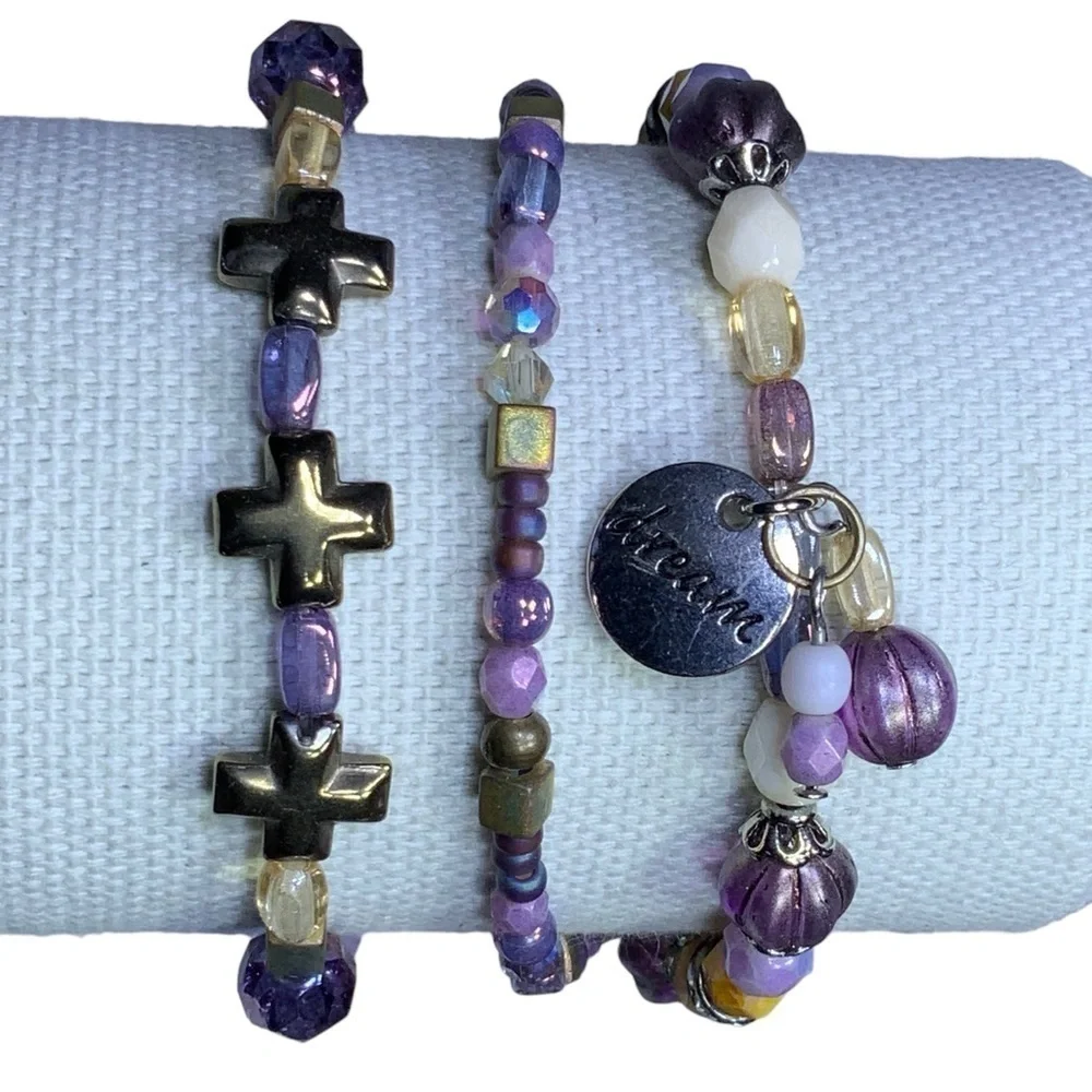 Regal 3 Cross Bracelet Purple Amethyst February Birthstone Religious Beaded